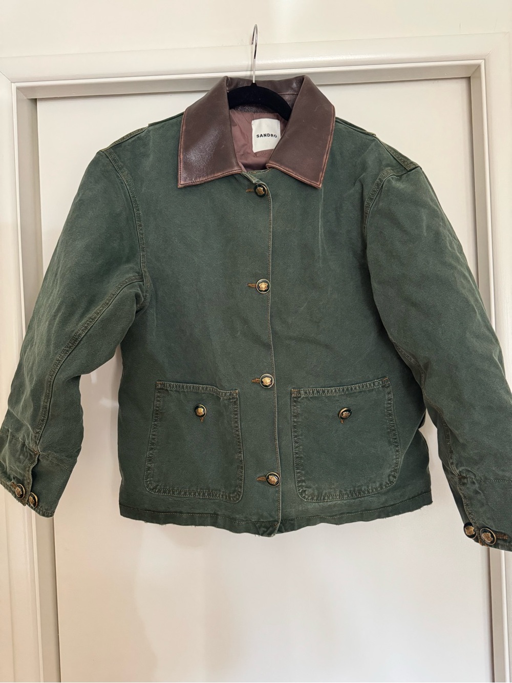 Sandro Green Canvas Jacket with Brown Leather Collar